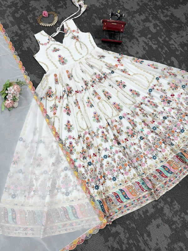 Prazu Fashion Off White Georgette Thread Sequin Anarkali Suit | Grocsy