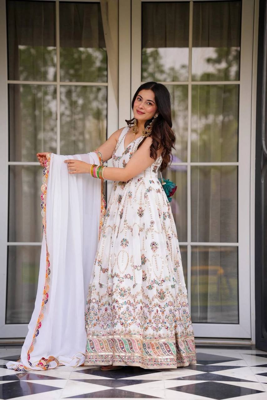 Prazu Fashion Off White Georgette Thread Sequin Anarkali Suit | Grocsy