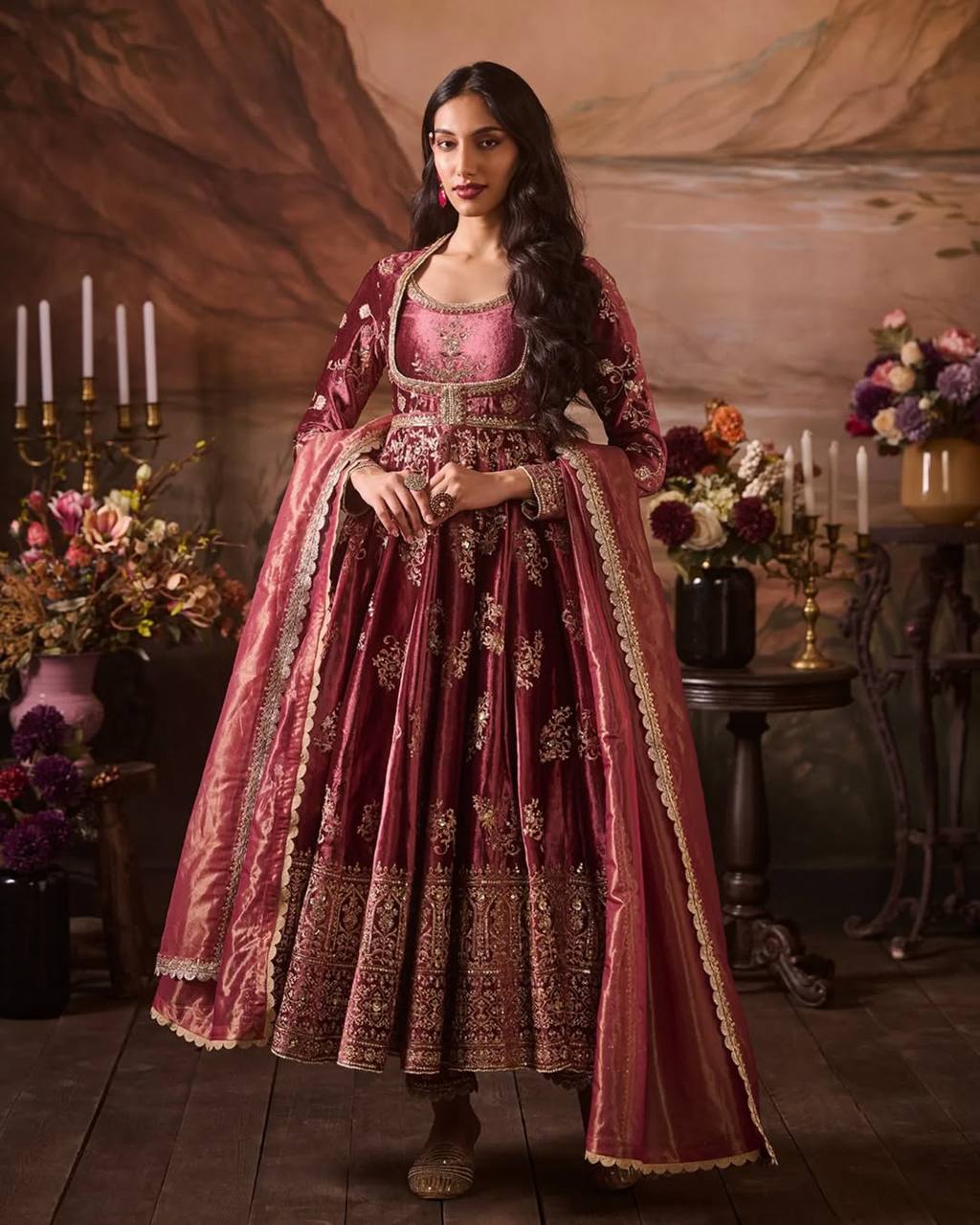 Prazu Fashion Wine Japan Satin Thread Sequin Anarkali Suit | Grocsy