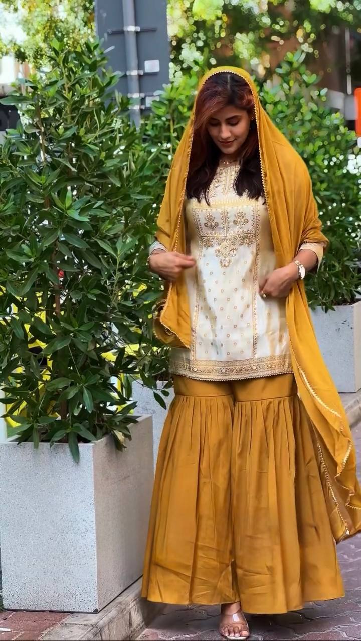 Prazu Fashion Off White Crepe Thread Sequin Sharara Suit | Grocsy