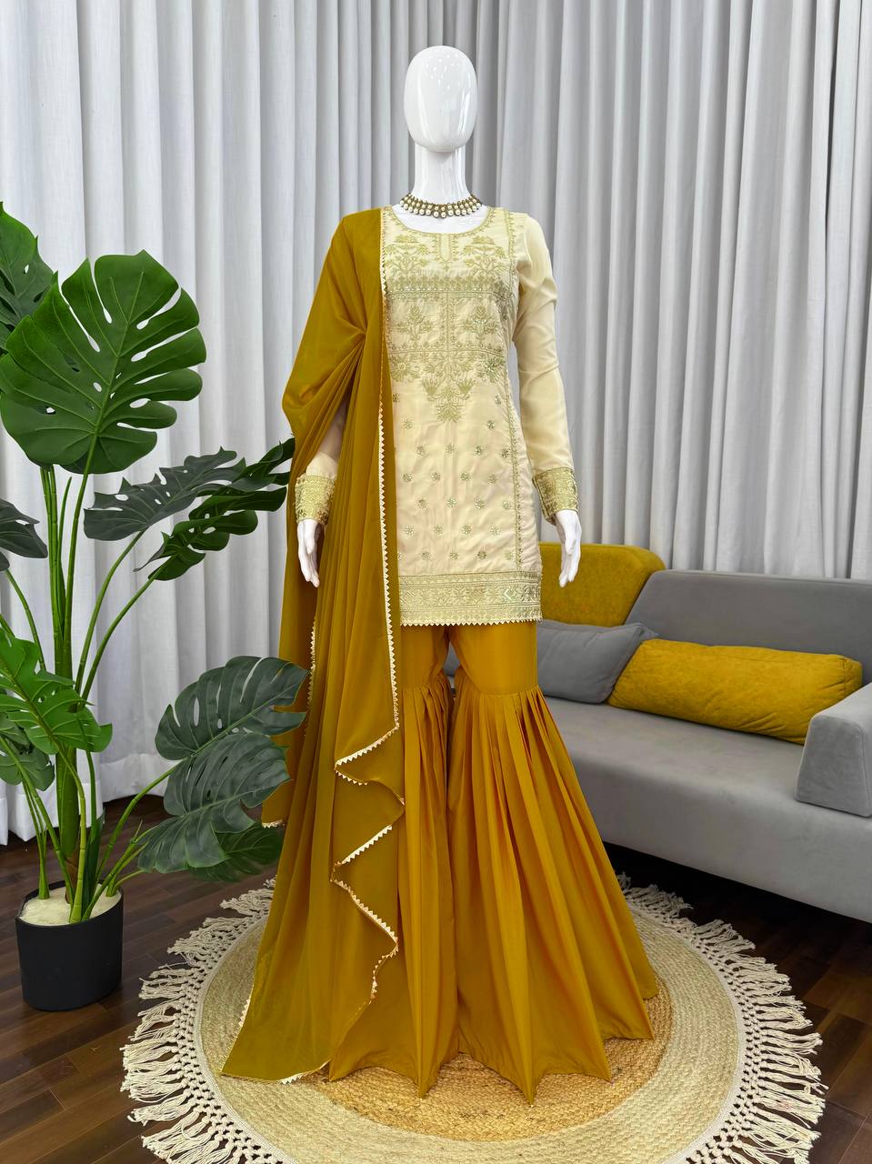 Prazu Fashion Off White Crepe Thread Sequin Sharara Suit | Grocsy