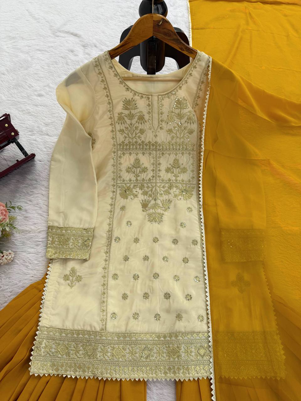 Prazu Fashion Off White Crepe Thread Sequin Sharara Suit | Grocsy