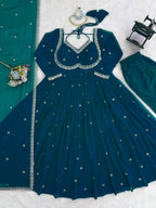 Prazu Fashion Teal Blue Georgette Thread Sequence Anarkali Suit | Grocsy