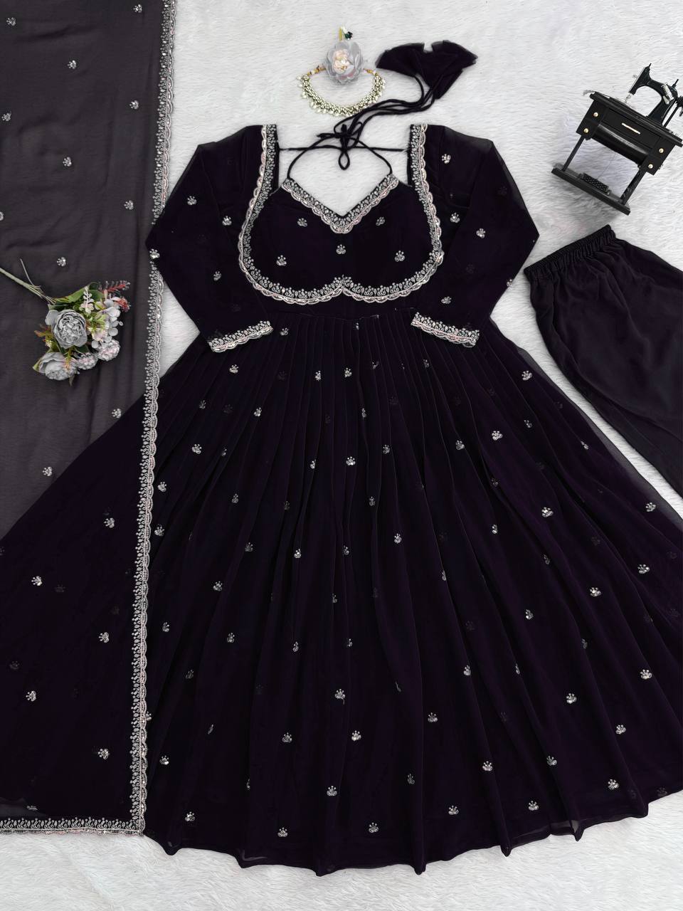 Prazu Fashion Black Georgette Thread Sequence Anarkali Suit | Grocsy