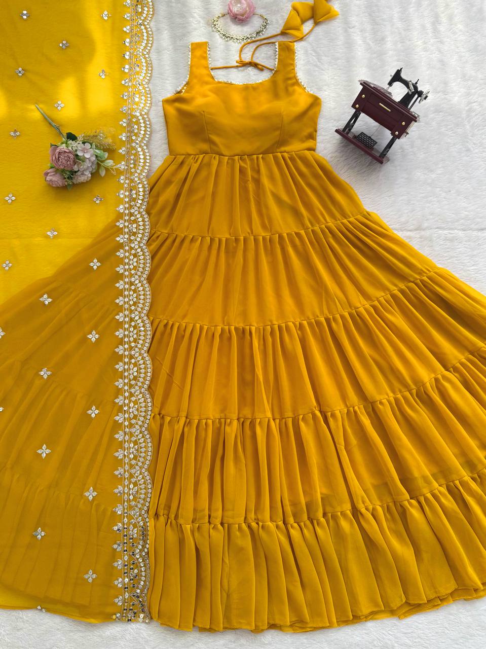 Prazu Fashion Yellow Georgette Designer Anarkali Suit | Grocsy