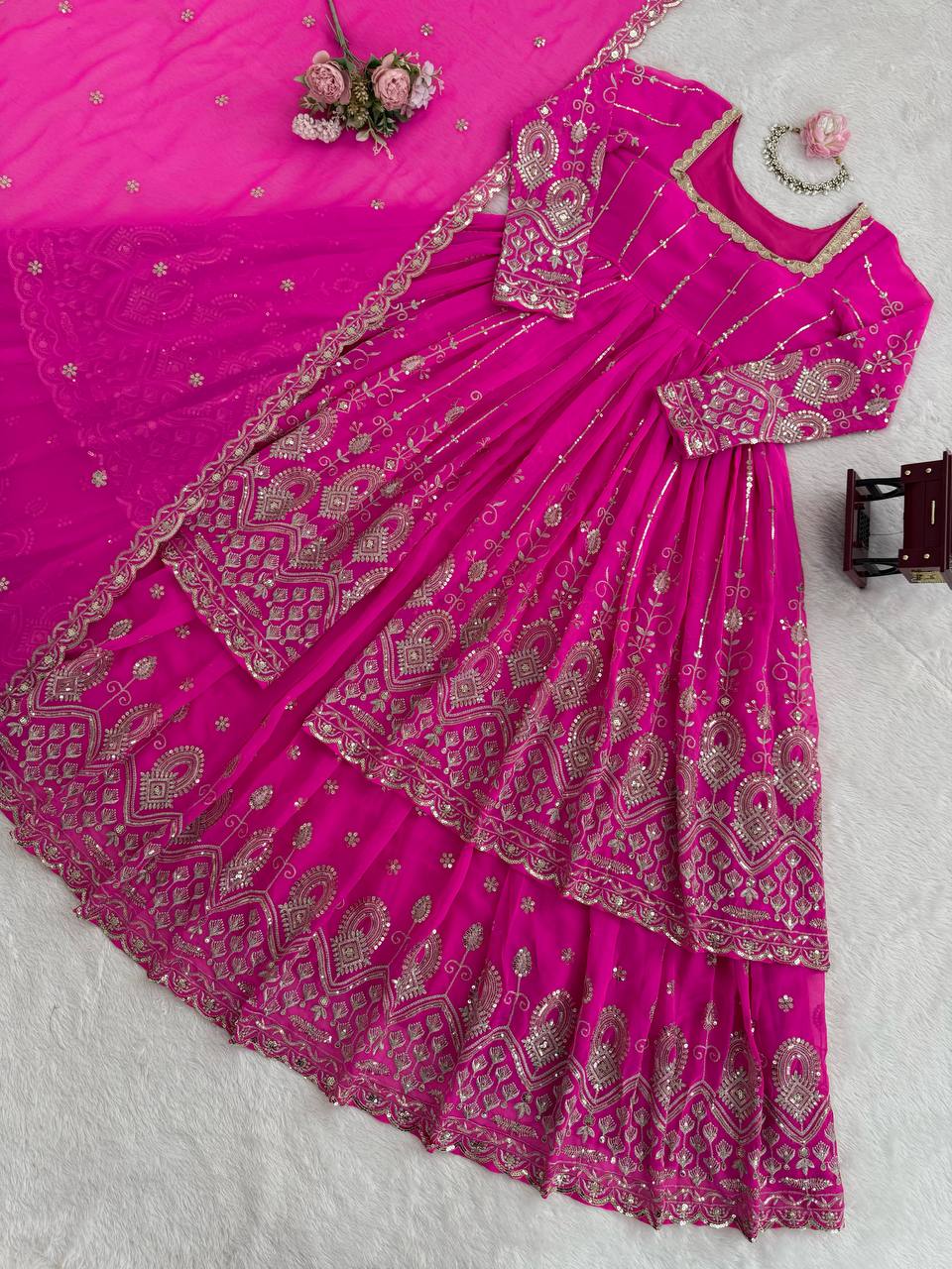 Prazu Fashion Pink Georgette Thread Sequin Lehenga Style Suit | Grocsy
