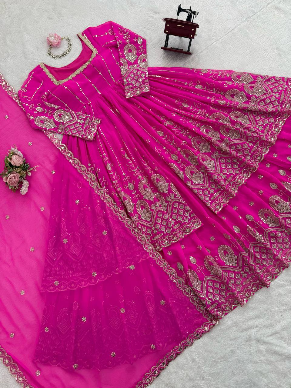 Prazu Fashion Pink Georgette Thread Sequin Lehenga Style Suit | Grocsy