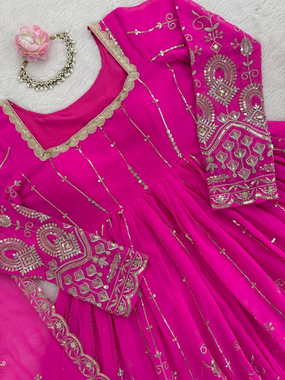 Prazu Fashion Pink Georgette Thread Sequin Lehenga Style Suit | Grocsy