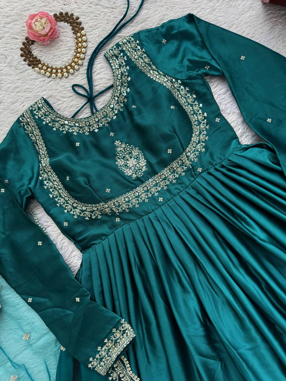 Prazu Fashion Teal Japan Satin Thread Sequence Anarkali Suit | Grocsy