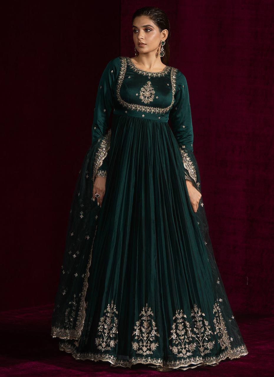 Prazu Fashion Teal Japan Satin Thread Sequence Anarkali Suit | Grocsy