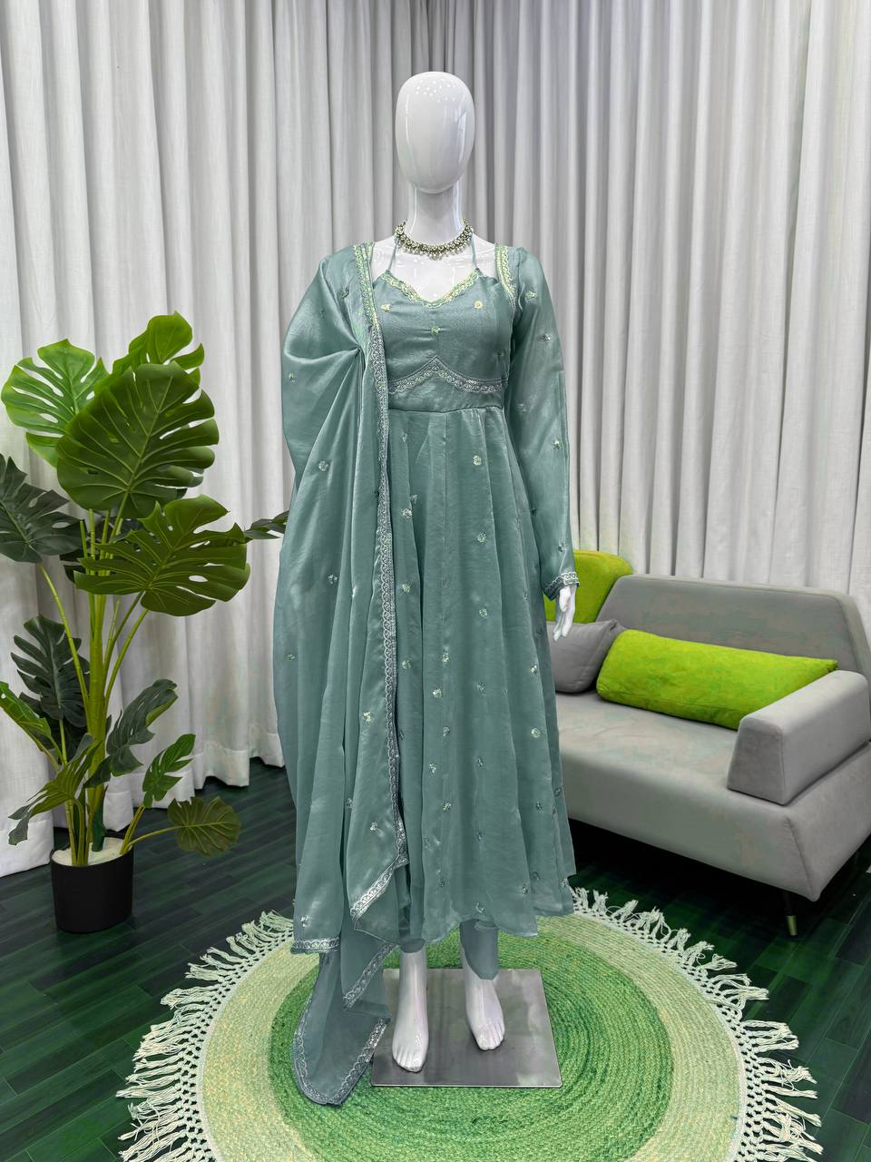 Prazu Fashion Dusty Mint Green Fendy Silk Thread Sequence Anarkali Suit | Grocsy