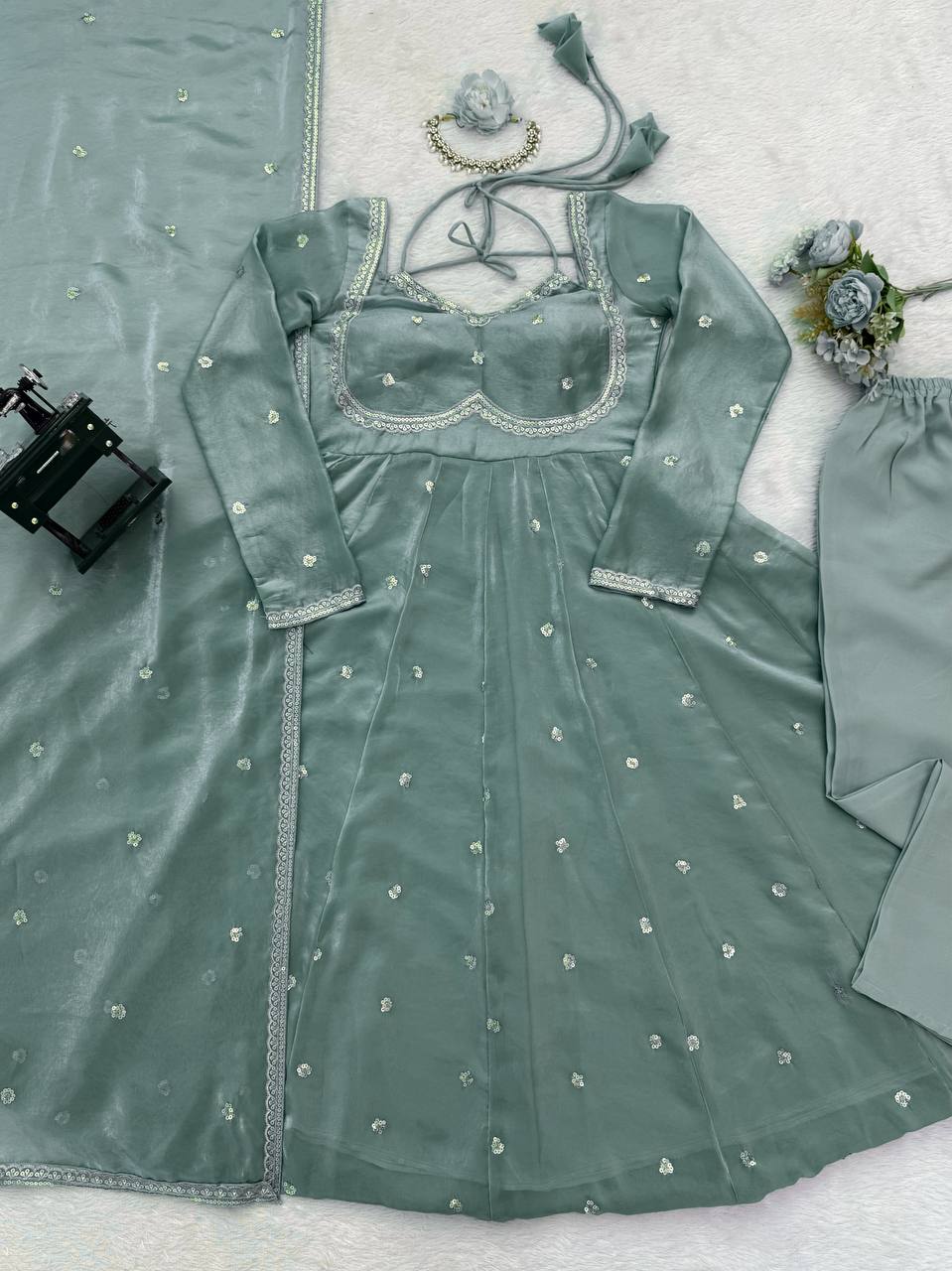 Prazu Fashion Dusty Mint Green Fendy Silk Thread Sequence Anarkali Suit | Grocsy