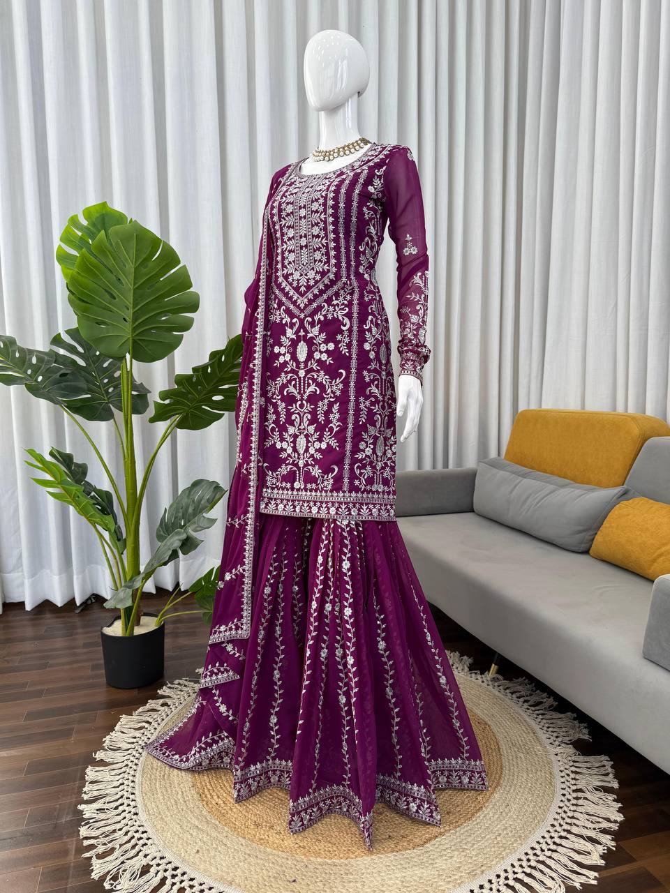 Prazu Fashion Purple Georgette Thread Sequence Sharara Suit | Grocsy