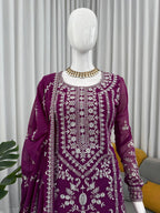 Prazu Fashion Purple Georgette Thread Sequence Sharara Suit | Grocsy
