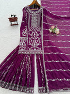 Prazu Fashion Purple Georgette Thread Sequence Sharara Suit | Grocsy