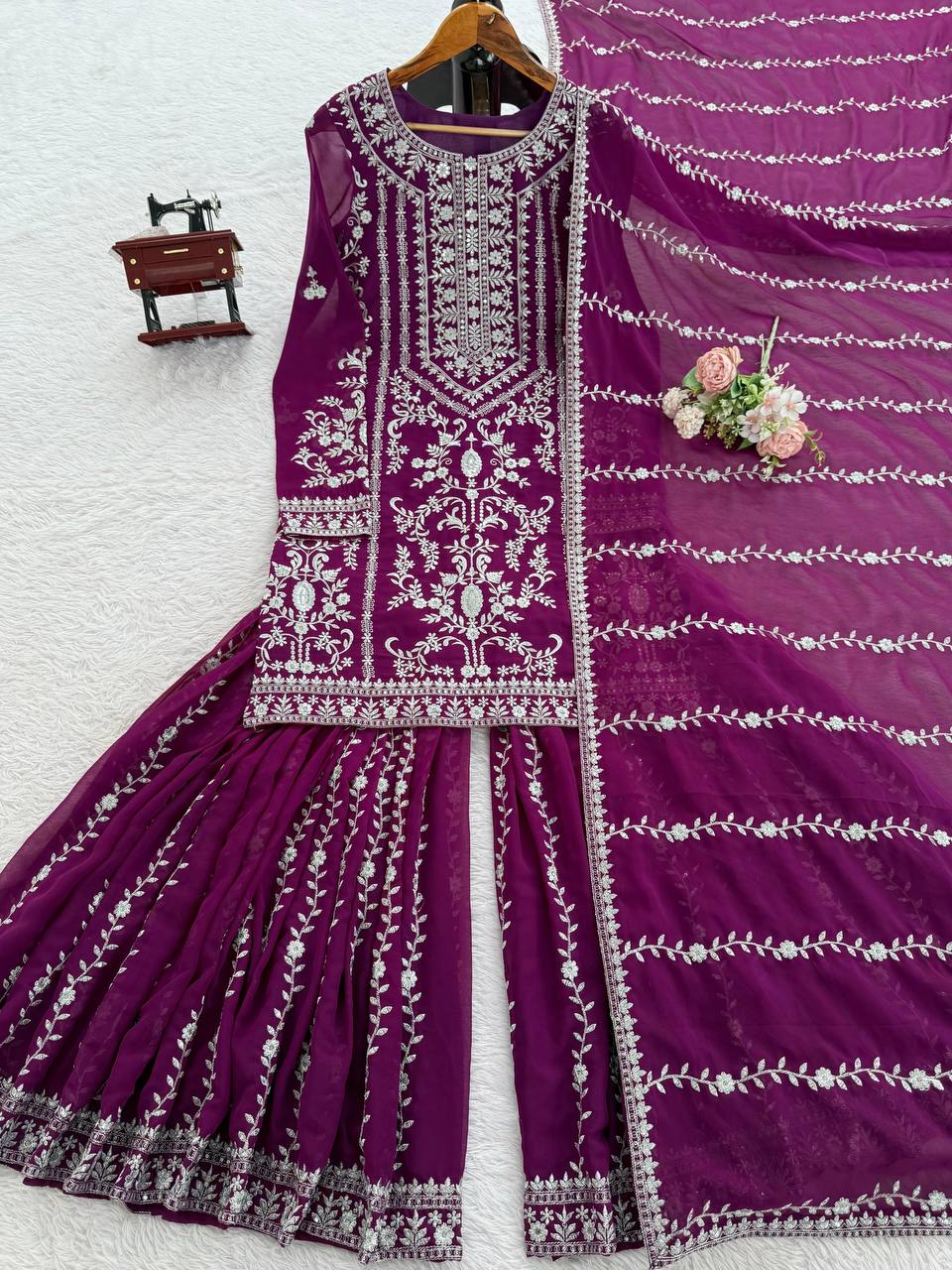 Prazu Fashion Purple Georgette Thread Sequence Sharara Suit | Grocsy