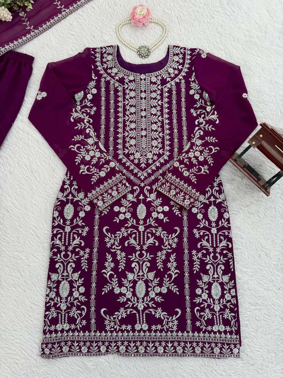 Prazu Fashion Purple Georgette Thread Sequence Sharara Suit | Grocsy