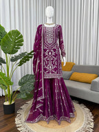 Prazu Fashion Purple Georgette Thread Sequence Sharara Suit | Grocsy