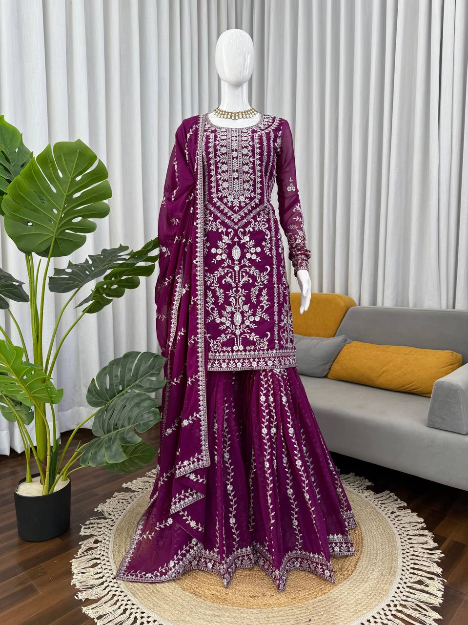 Prazu Fashion Purple Georgette Thread Sequence Sharara Suit | Grocsy