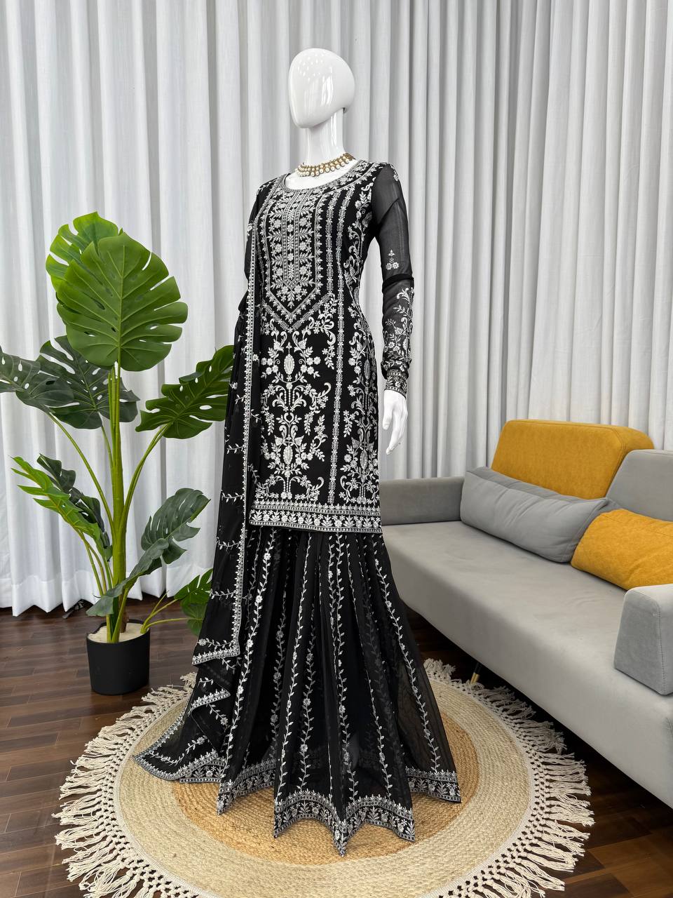 Prazu Fashion Black Georgette Thread Sequence Sharara Suit | Grocsy