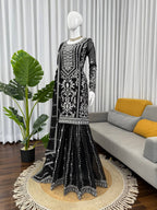 Prazu Fashion Black Georgette Thread Sequence Sharara Suit | Grocsy
