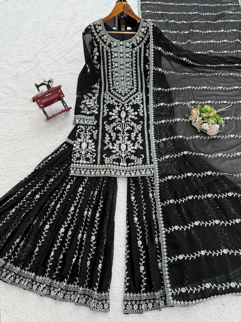 Prazu Fashion Black Georgette Thread Sequence Sharara Suit | Grocsy