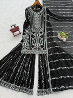Prazu Fashion Black Georgette Thread Sequence Sharara Suit | Grocsy