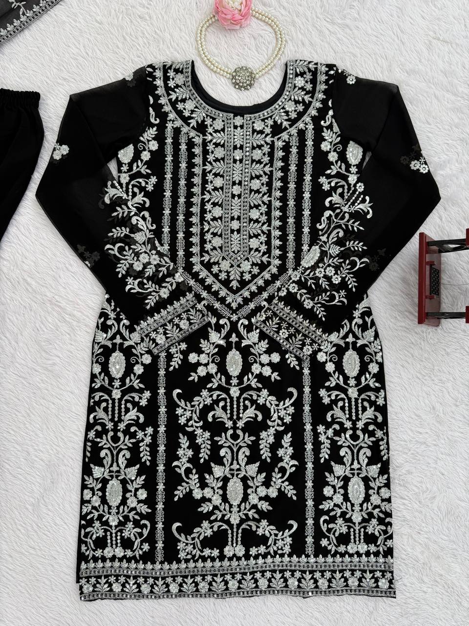 Prazu Fashion Black Georgette Thread Sequence Sharara Suit | Grocsy
