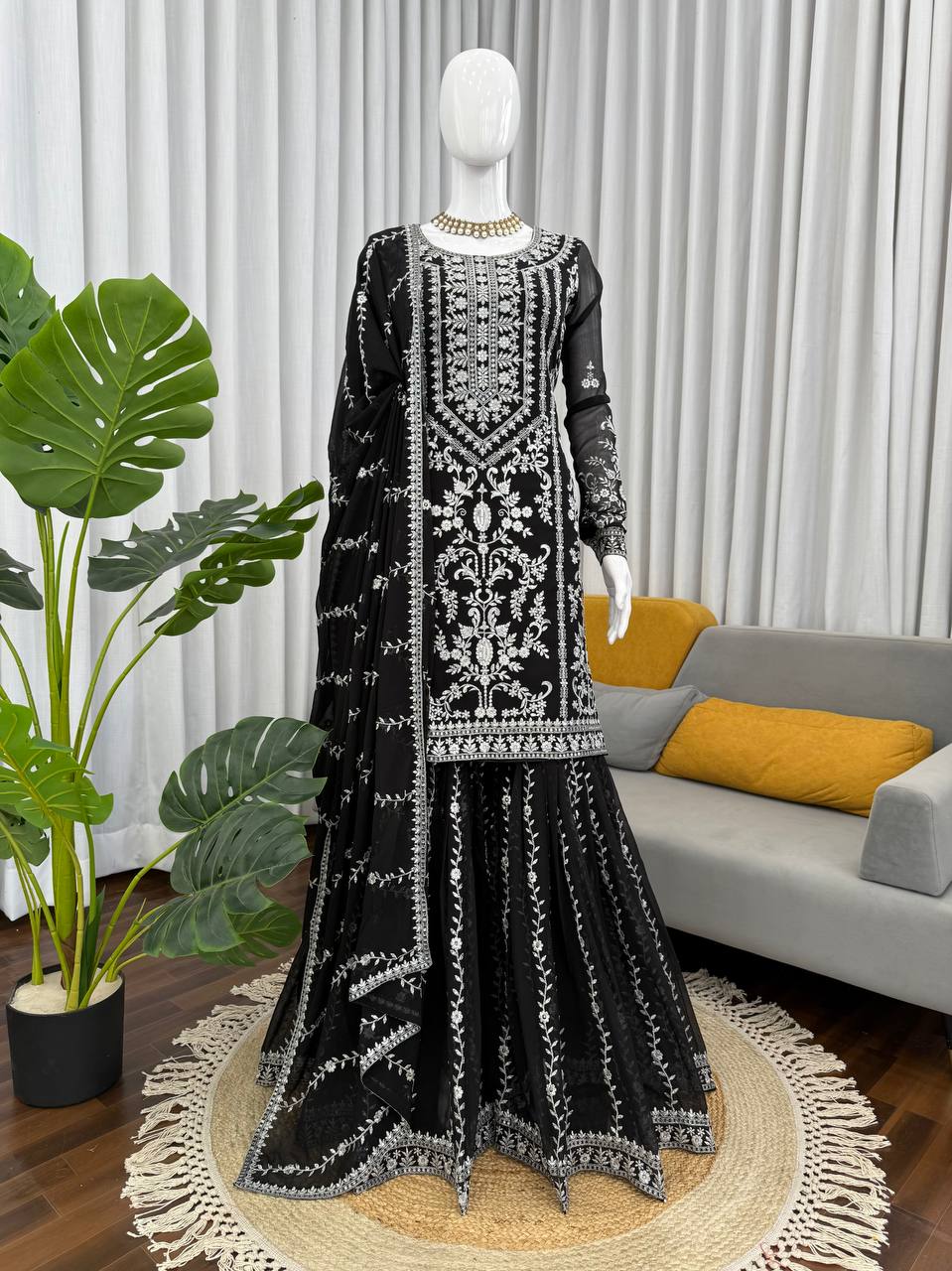Prazu Fashion Black Georgette Thread Sequence Sharara Suit | Grocsy