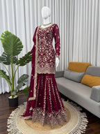 Prazu Fashion Wine Georgette Thread Sequence Sharara Suit | Grocsy