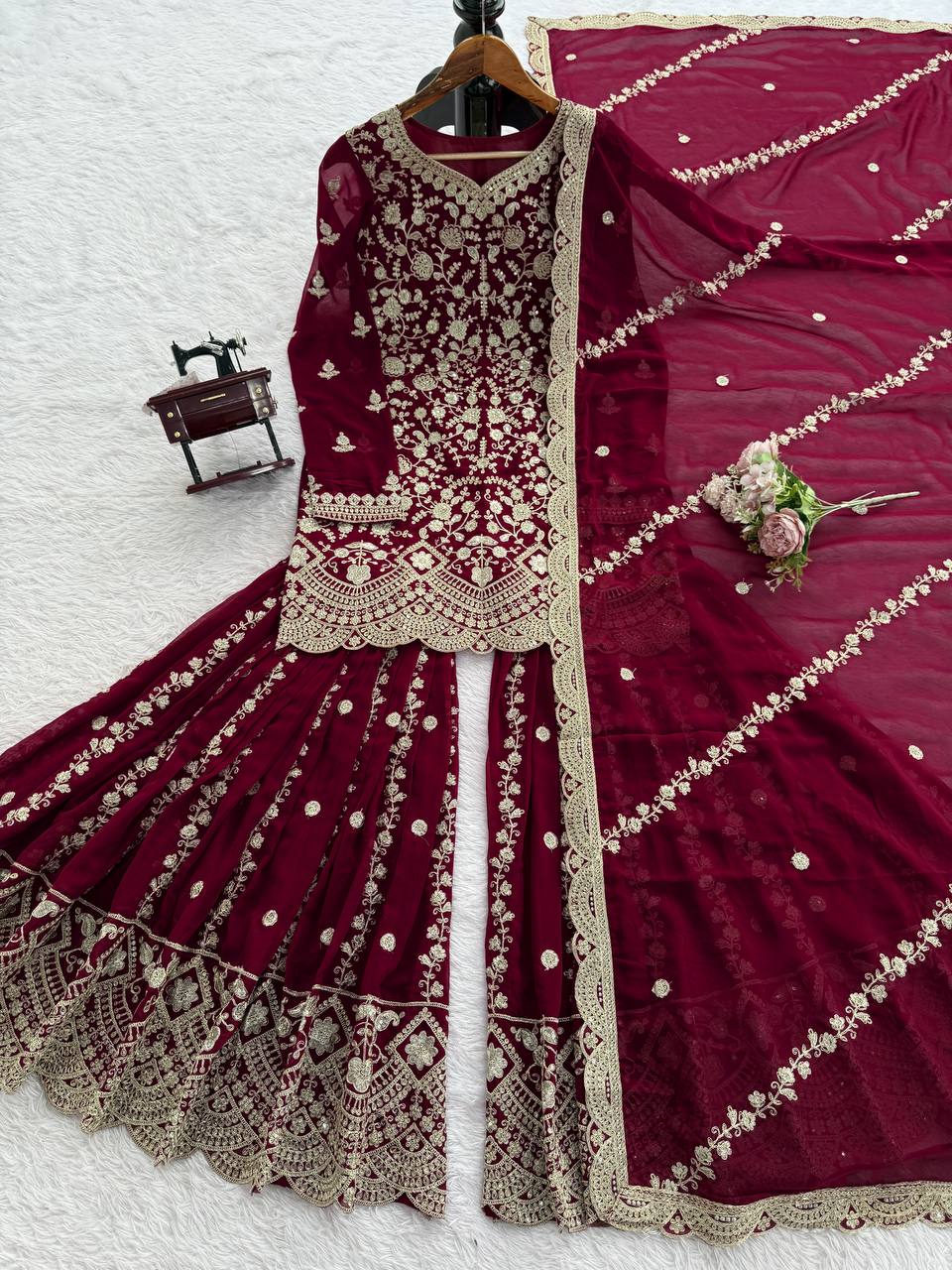 Prazu Fashion Wine Georgette Thread Sequence Sharara Suit | Grocsy