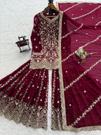 Prazu Fashion Wine Georgette Thread Sequence Sharara Suit | Grocsy