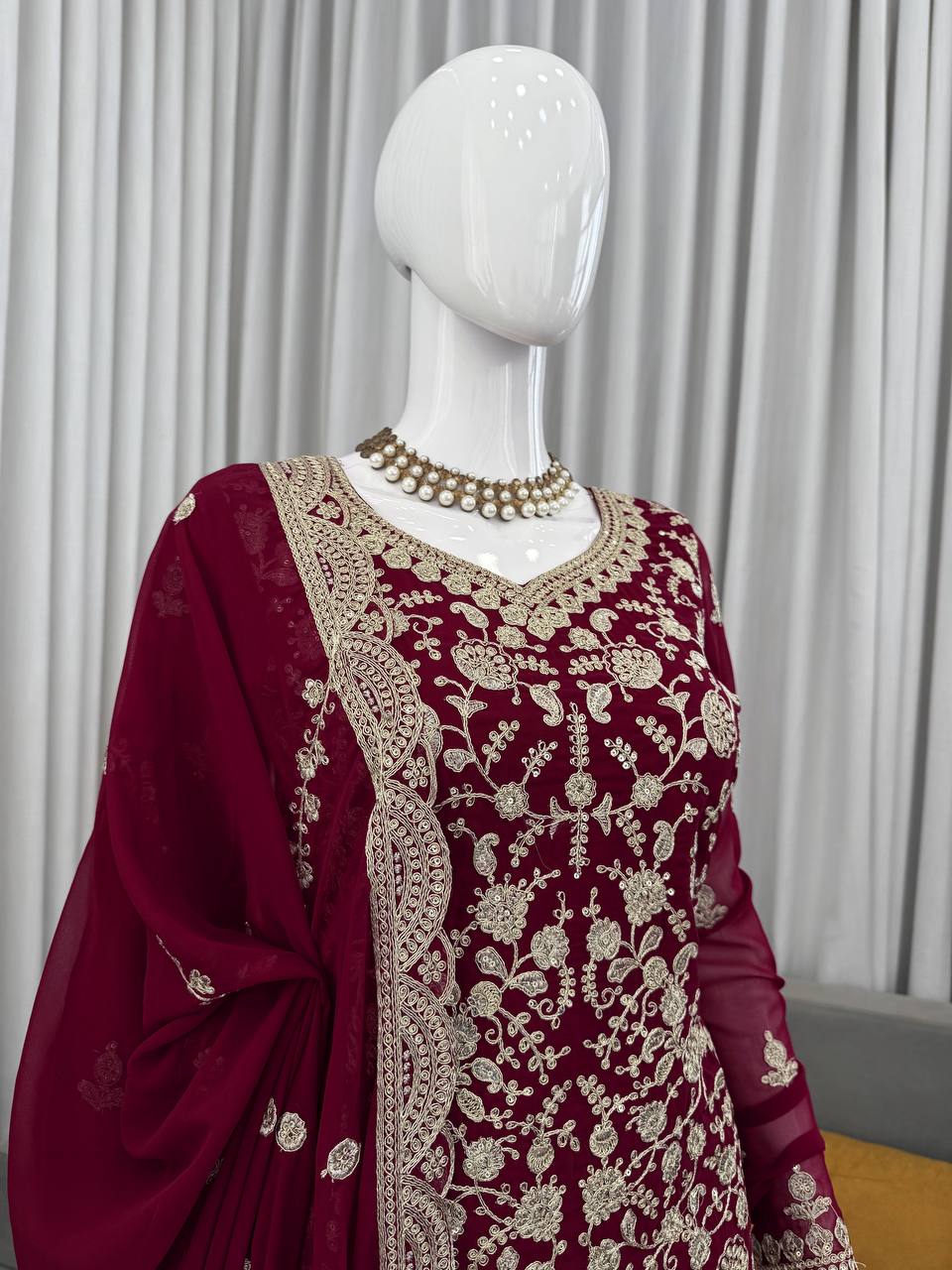 Prazu Fashion Wine Georgette Thread Sequence Sharara Suit | Grocsy