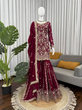 Prazu Fashion Wine Georgette Thread Sequence Sharara Suit | Grocsy