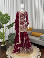 Prazu Fashion Wine Georgette Thread Sequence Sharara Suit | Grocsy