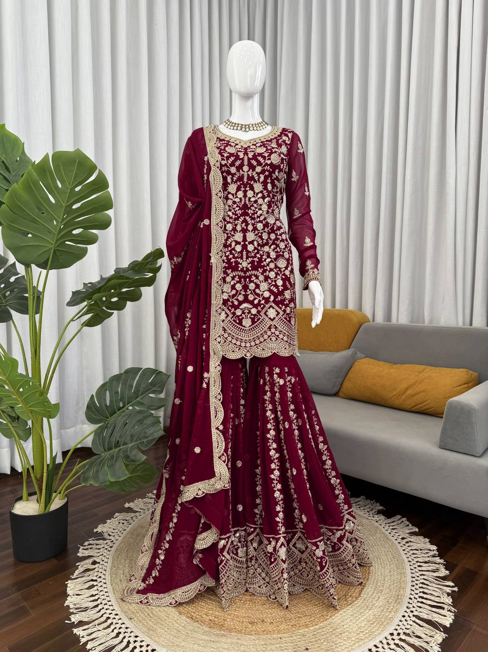 Prazu Fashion Wine Georgette Thread Sequence Sharara Suit | Grocsy