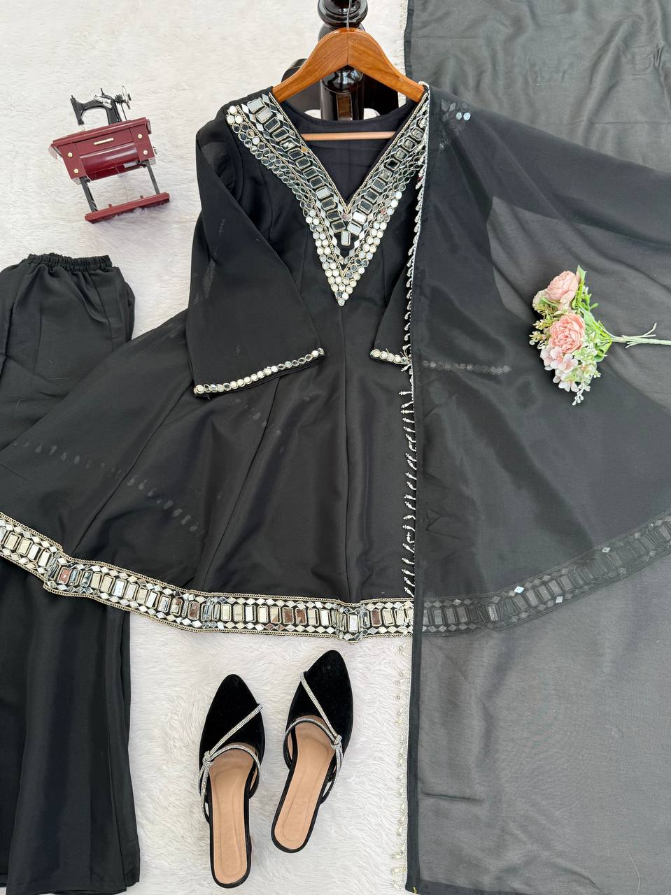 Prazu Fashion Black Cosmos Thread With Mirror Work Designer Palazzo Suit | Grocsy