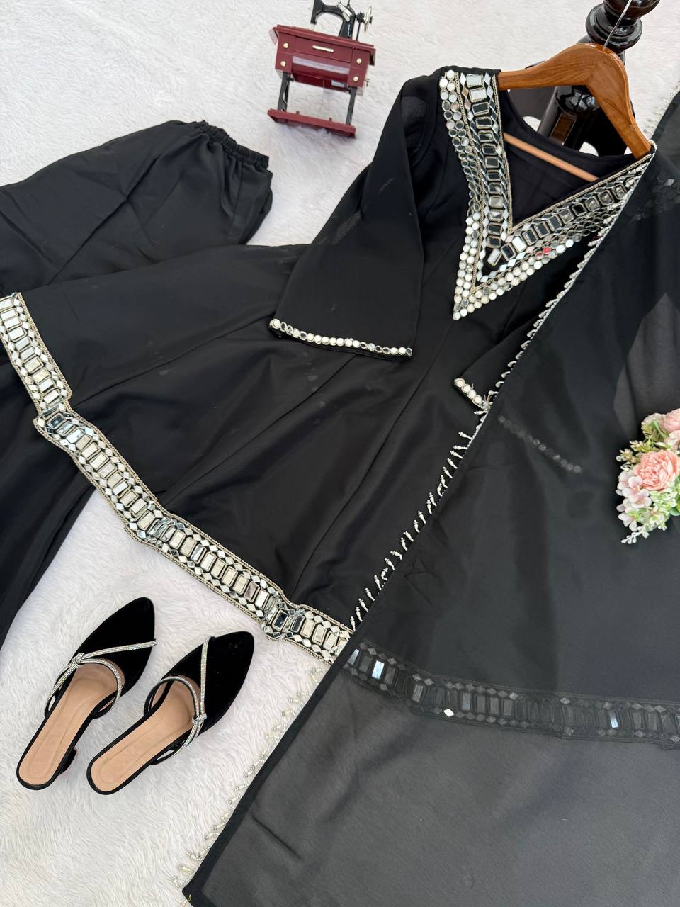 Prazu Fashion Black Cosmos Thread With Mirror Work Designer Palazzo Suit | Grocsy