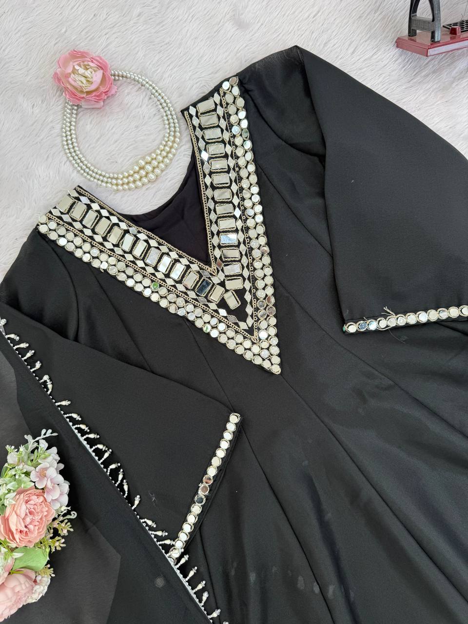 Prazu Fashion Black Cosmos Thread With Mirror Work Designer Palazzo Suit | Grocsy
