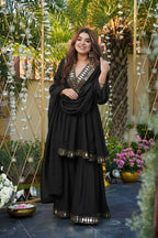 Prazu Fashion Black Cosmos Thread With Mirror Work Designer Palazzo Suit | Grocsy