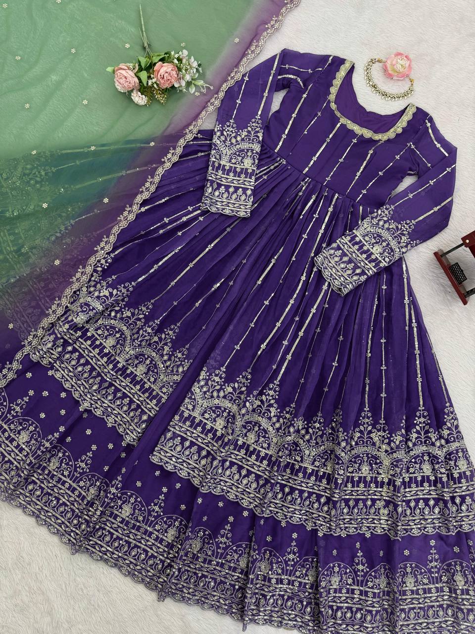 Prazu Fashion Blue Georgette Sequins Lehenga Style Wedding Suit | Grocsy