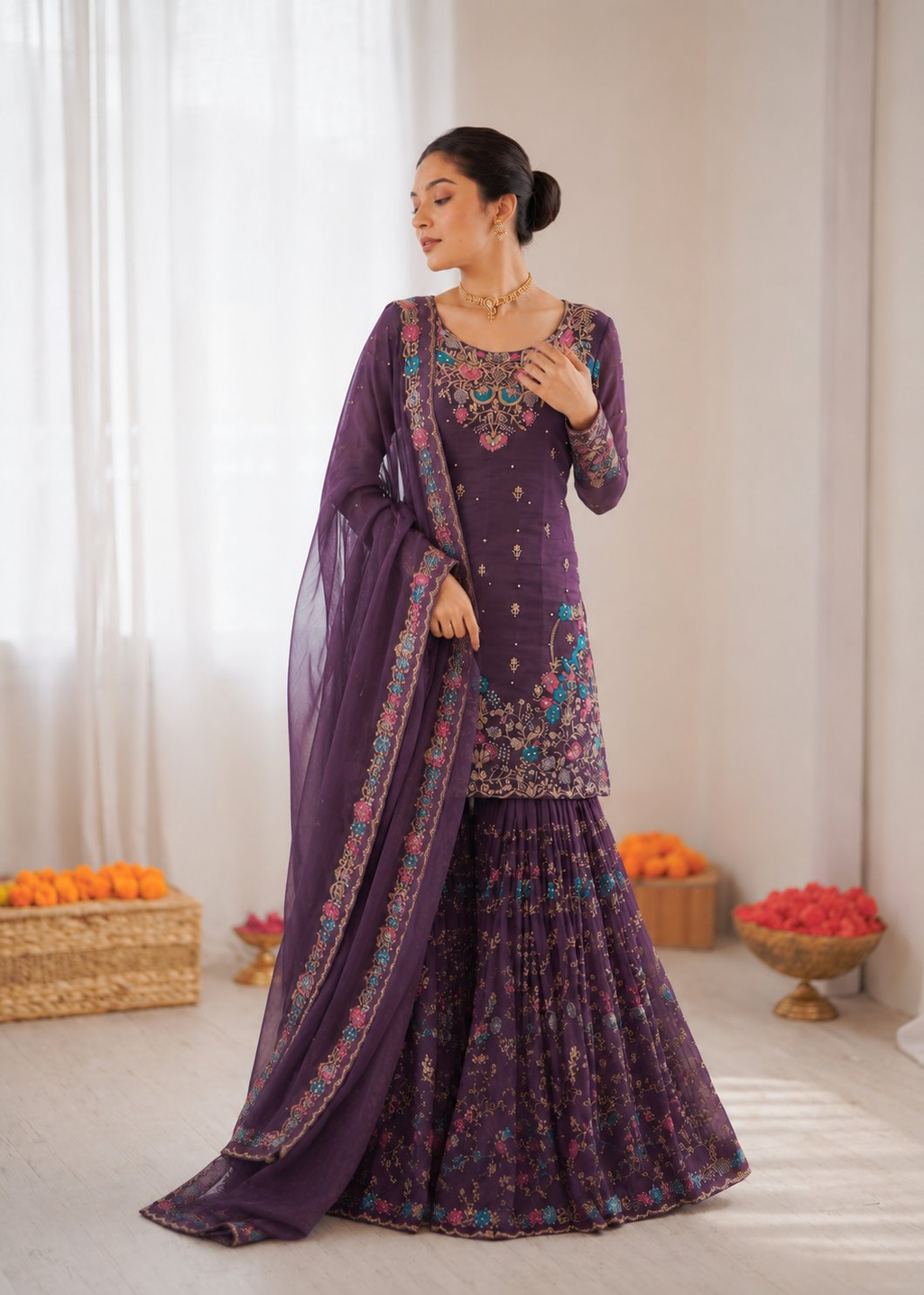 Prazu Fashion Deep Purple Art Silk Thread Sequnce With Rivet Moti Sharara Suit | Grocsy