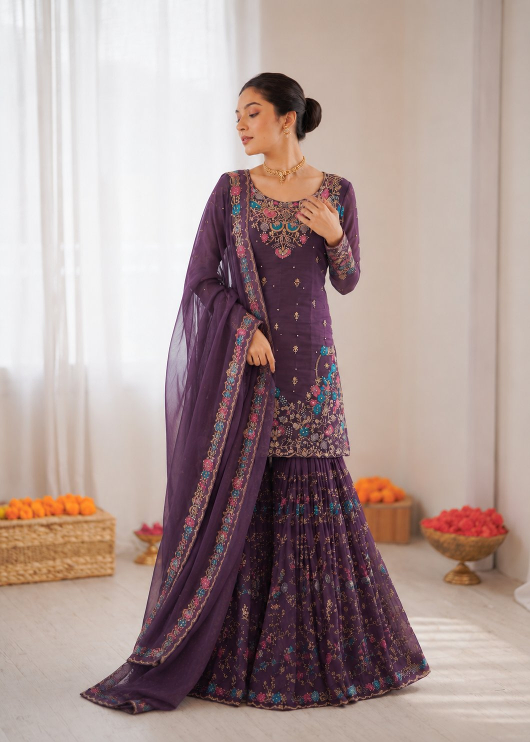Prazu Fashion Deep Purple Art Silk Thread Sequnce With Rivet Moti Sharara Suit | Grocsy