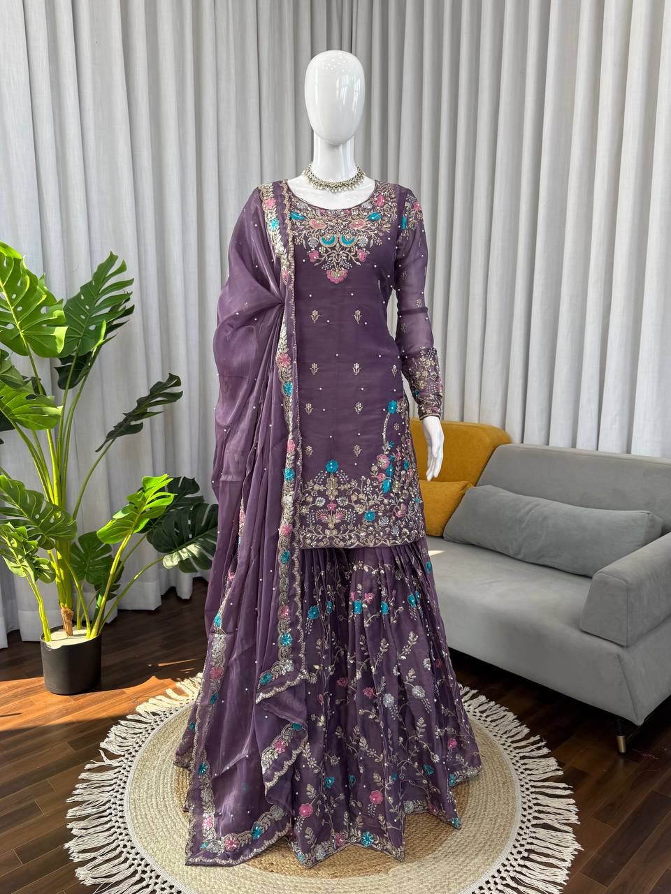 Prazu Fashion Deep Purple Art Silk Thread Sequnce With Rivet Moti Sharara Suit | Grocsy