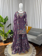 Prazu Fashion Deep Purple Art Silk Thread Sequnce With Rivet Moti Sharara Suit | Grocsy