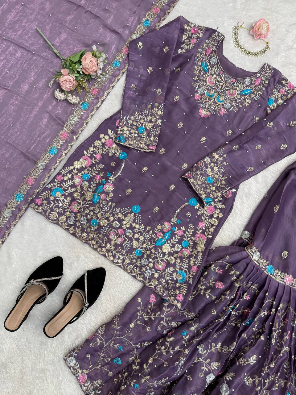 Prazu Fashion Deep Purple Art Silk Thread Sequnce With Rivet Moti Sharara Suit | Grocsy