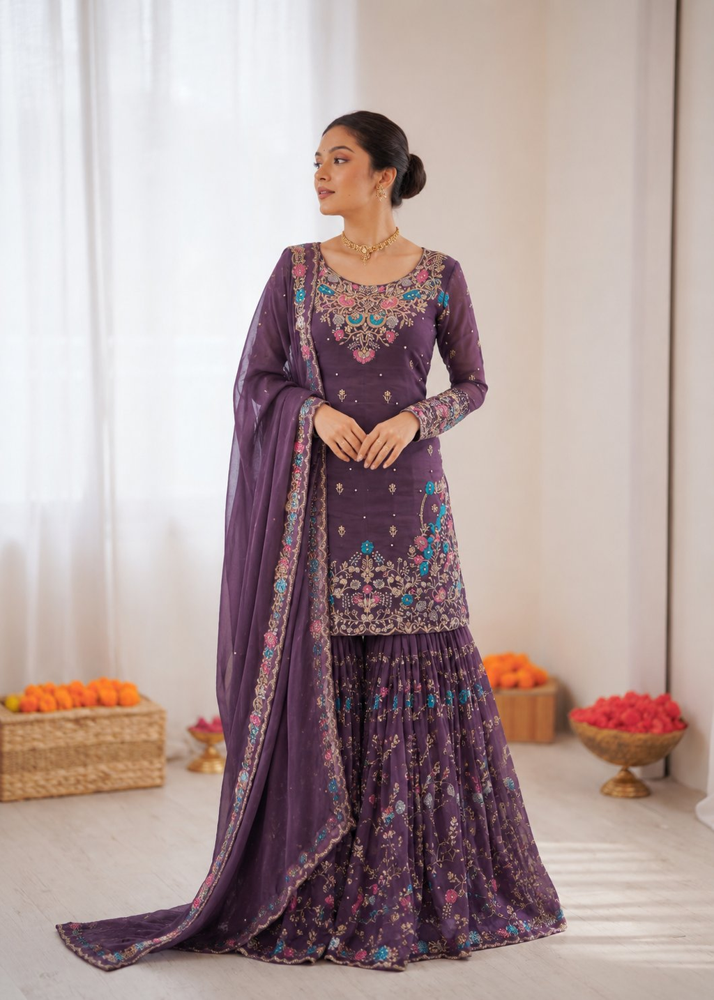 Prazu Fashion Deep Purple Art Silk Thread Sequnce With Rivet Moti Sharara Suit | Grocsy