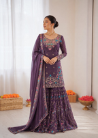 Prazu Fashion Deep Purple Art Silk Thread Sequnce With Rivet Moti Sharara Suit | Grocsy