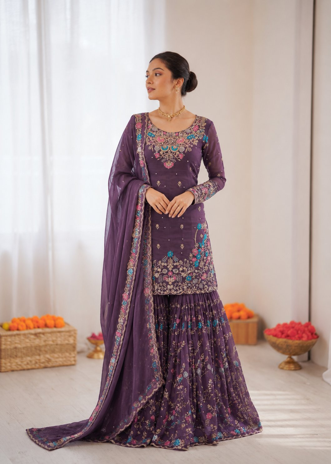 Prazu Fashion Deep Purple Art Silk Thread Sequnce With Rivet Moti Sharara Suit | Grocsy