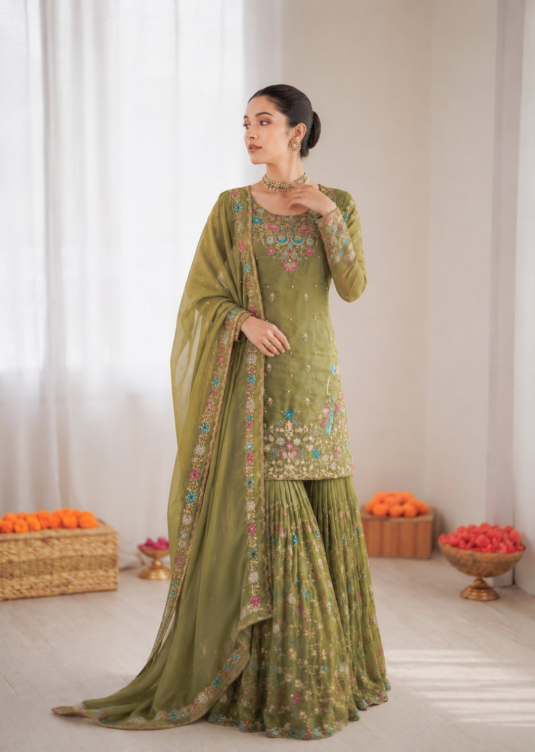 Prazu Fashion Mahendi Art Silk Thread Sequnce With Rivet Moti Sharara Suit | Grocsy